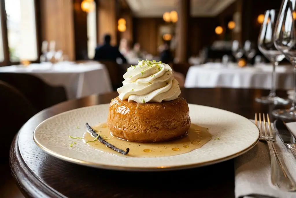 Baba au rhum traditionnel servi avec une rosace de chantilly maison et des zestes de citron vert dans une présentation gastronomique raffinée.