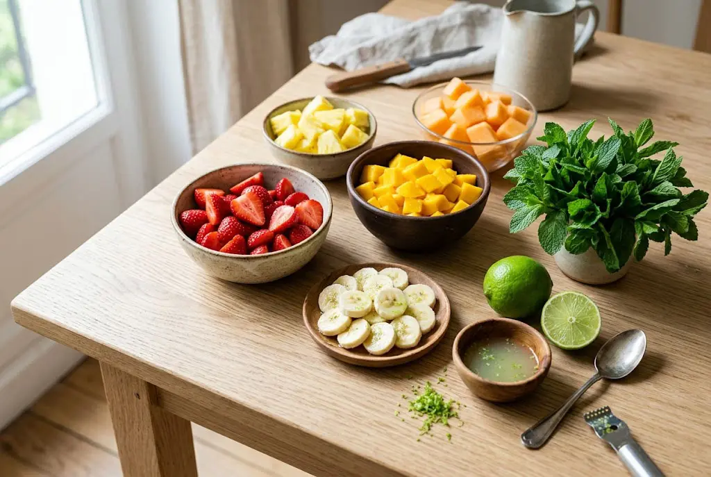 Ingrédients frais pour salade de fruits avec fraises mangue ananas melon bananes menthe et citron vert.
