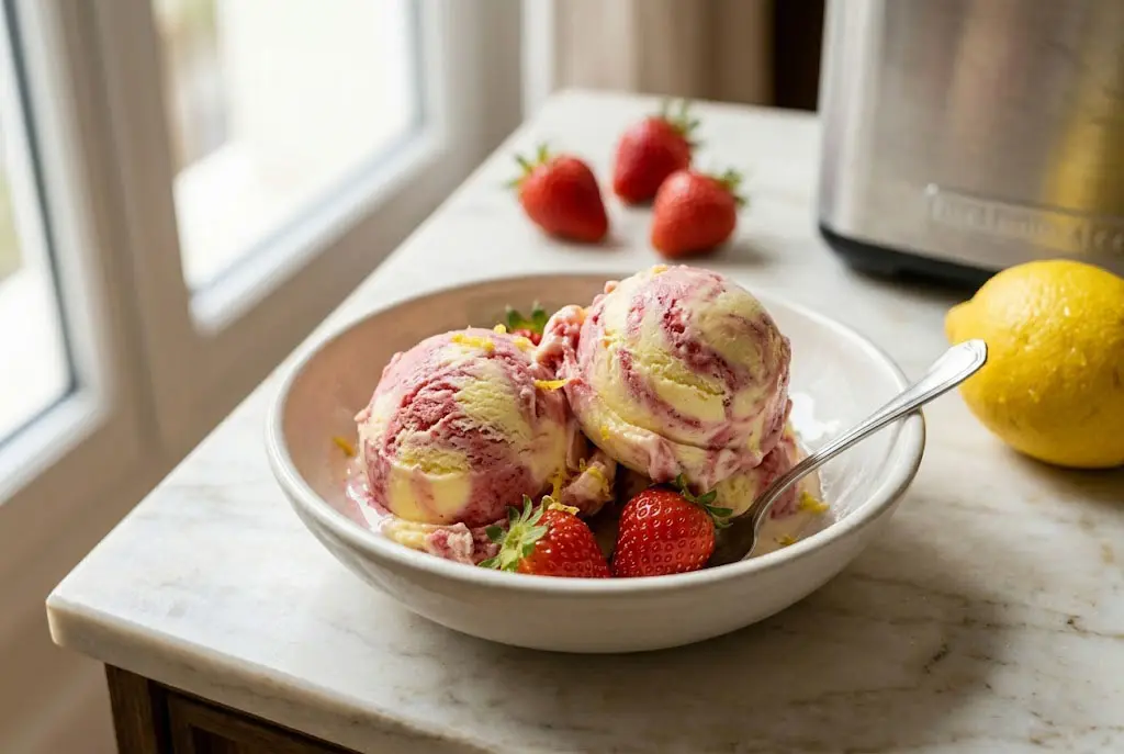 Boules de crème glacée citron fraise marbrée servies dans un bol en céramique, avec coulis de fraises, fruits frais et texture crémeuse artisanale.