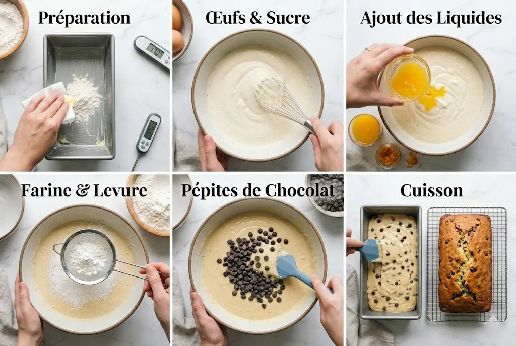 Montage illustré des différentes étapes pour préparer un cake à l’orange et pépites de chocolat maison.
