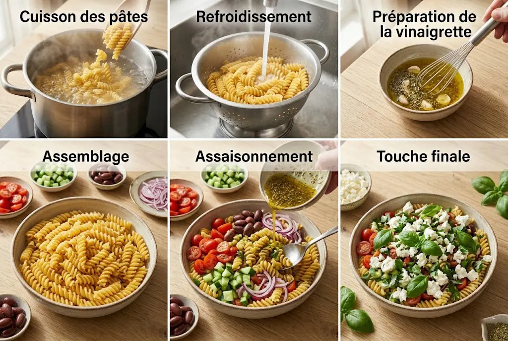 Guide visuel étape par étape montrant la cuisson des pâtes, la préparation de la vinaigrette et l'assemblage de la salade méditerranéenne.