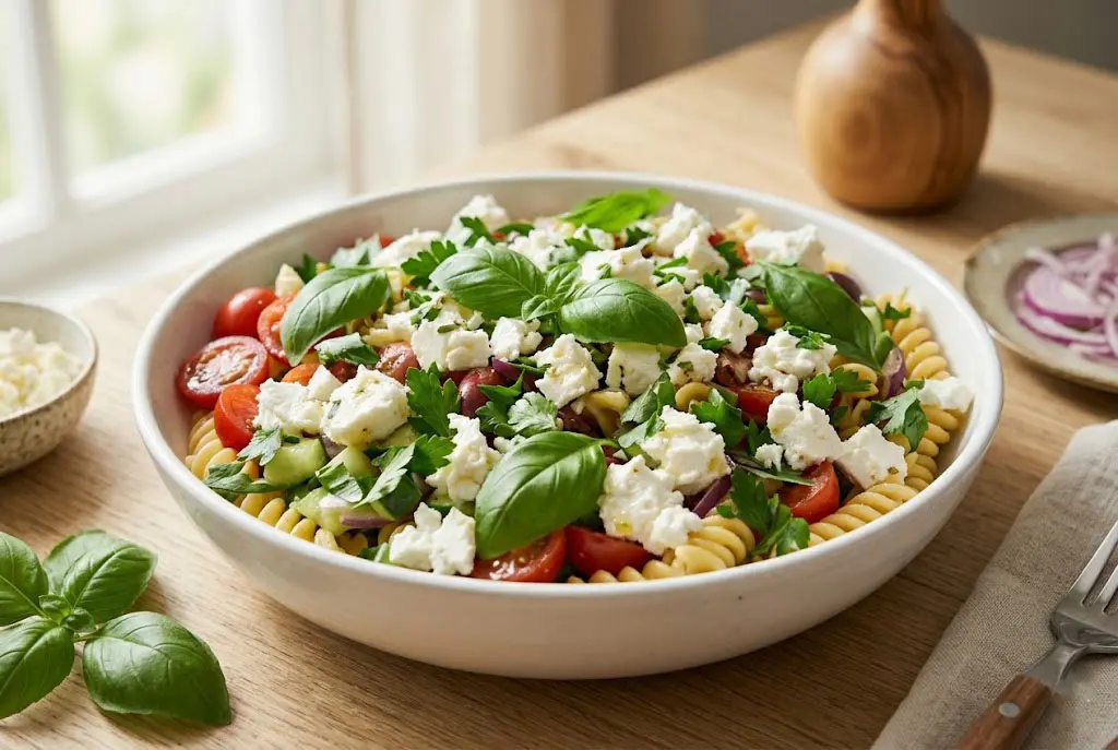 Salade de Pâtes Méditerranéenne Facile et Savoureuse Salade de pâtes méditerranéenne servie dans un grand saladier avec feta émiettée, olives noires, tomates cerises et basilic frais.