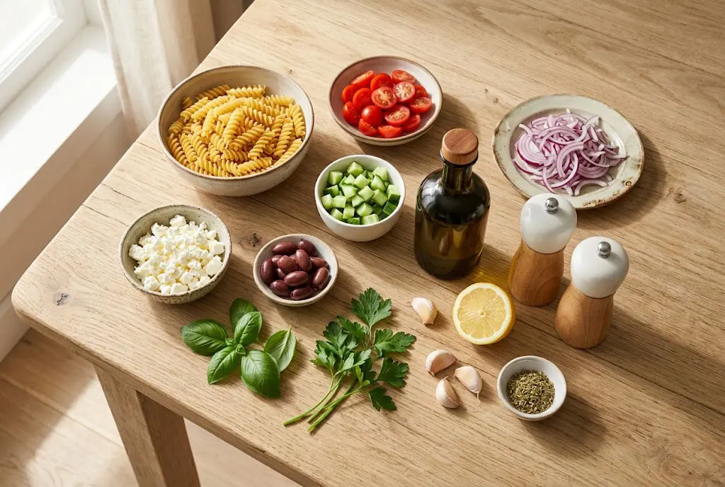 Ingrédients frais pour préparer une salade de pâtes méditerranéenne avec tomates cerises, concombre, feta, olives Kalamata et herbes aromatiques.