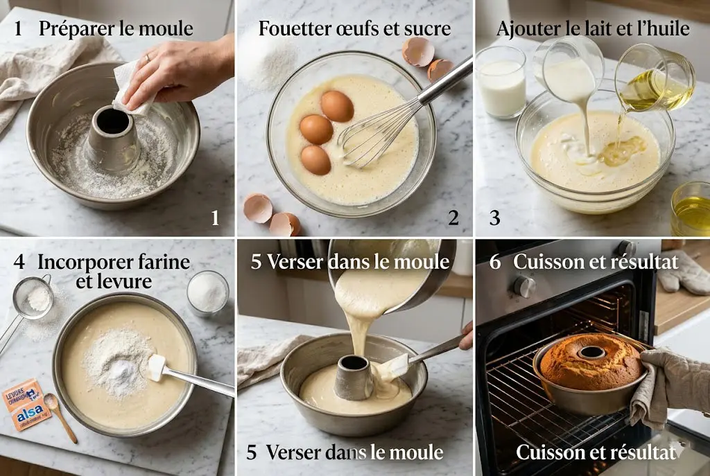 Montage étape par étape montrant la préparation de la pâte du gâteau moelleux avant cuisson.