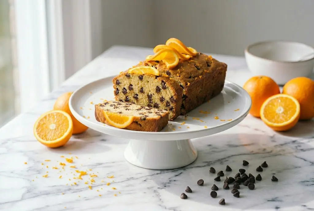 Cake à l’orange et pépites de chocolat doré et moelleux présenté sur une assiette de service élégante.