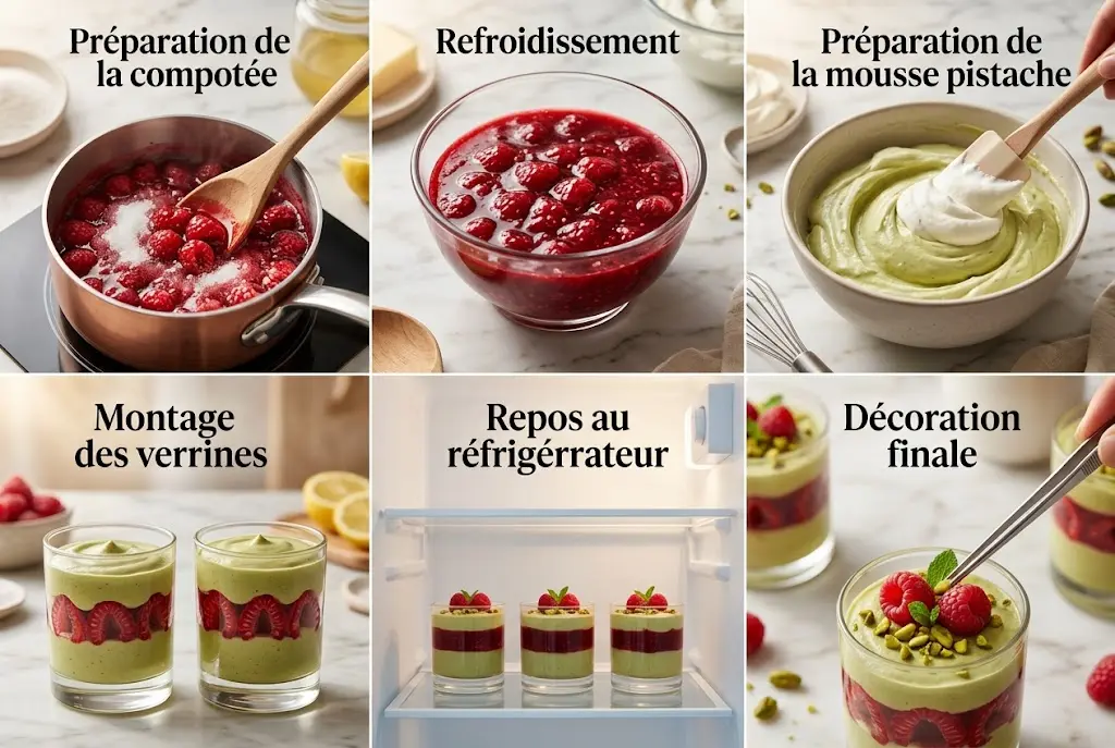 Montage illustré étape par étape montrant la préparation de la compotée de framboises, de la mousse pistache, l'assemblage des verrines, le repos au réfrigérateur et la décoration finale.