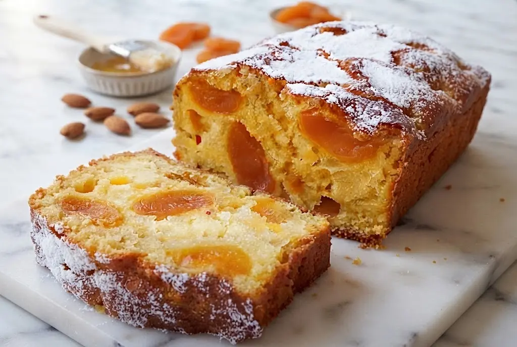 Cake au yaourt aux abricots doré et moelleux présenté sur un plat rustique, avec une tranche coupée révélant une mie tendre garnie de morceaux d’abricots.