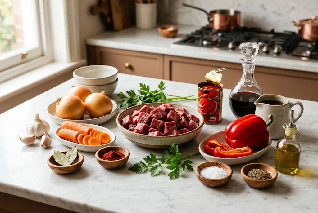 Ingrédients du ragoût de bœuf espagnol disposés sur un plan de travail en marbre avec viande de bœuf, tomates, poivron rouge, carottes, ail, oignons, vin rouge et épices.