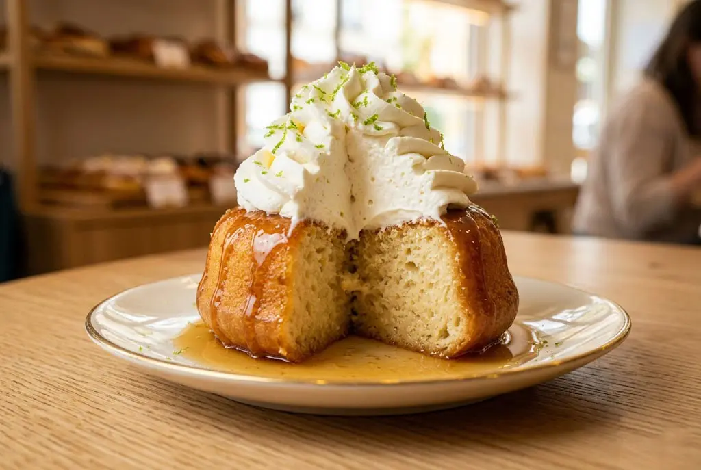 Baba au rhum traditionnel servi avec une rosace de chantilly maison et des zestes de citron vert dans une présentation gastronomique raffinée.