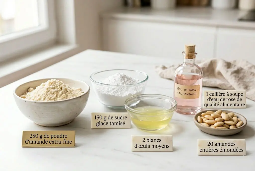 Ingrédients nécessaires pour préparer des biscuits aux amandes parfumés à l’eau de rose