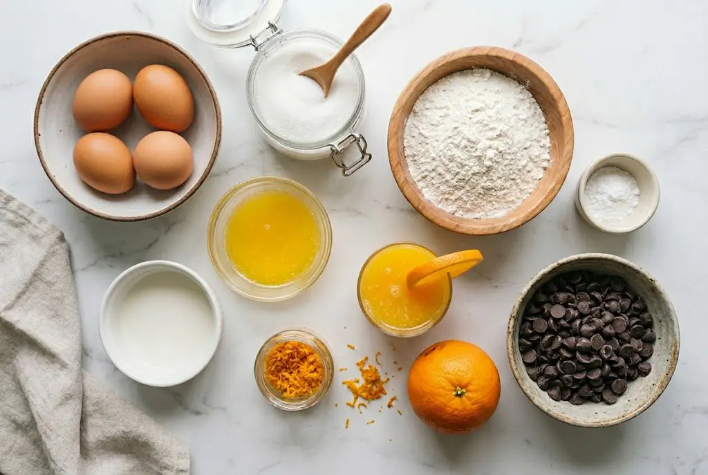 Ingrédients nécessaires pour préparer un cake à l’orange et pépites de chocolat, disposés sur un plan de travail lumineux.