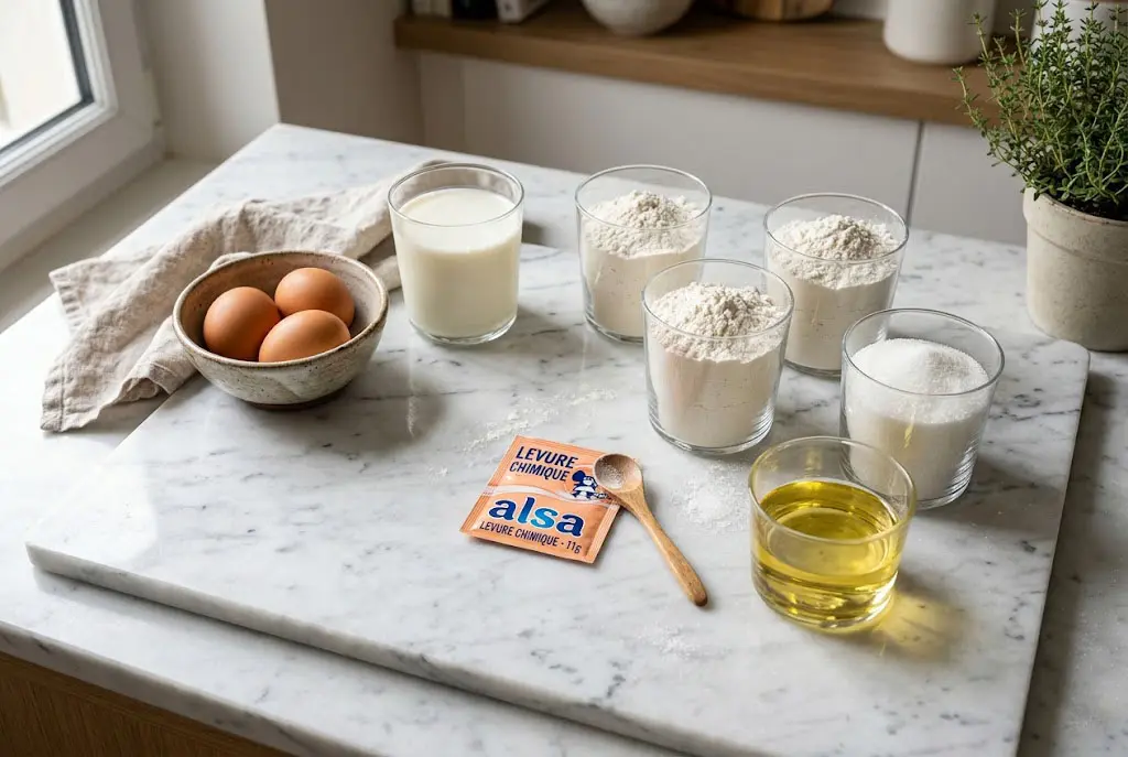 Ingrédients du gâteau moelleux disposés sur un plan de travail avec œufs, farine, lait, sucre, huile et levure.