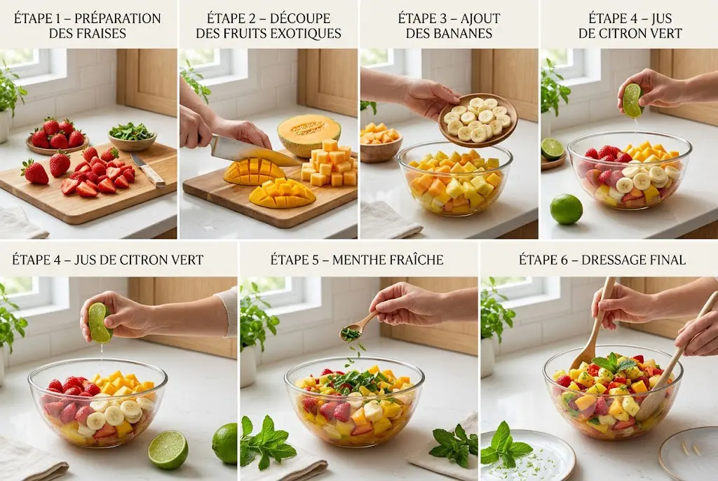 Étapes détaillées de préparation d'une salade de fruits exotique maison avec fruits frais.