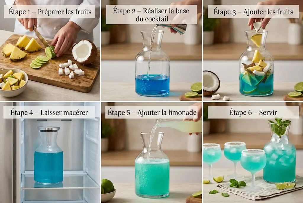Montage étape par étape du cocktail tropical bleu montrant la découpe des fruits, le mélange des alcools, la macération et le service dans une carafe en verre.