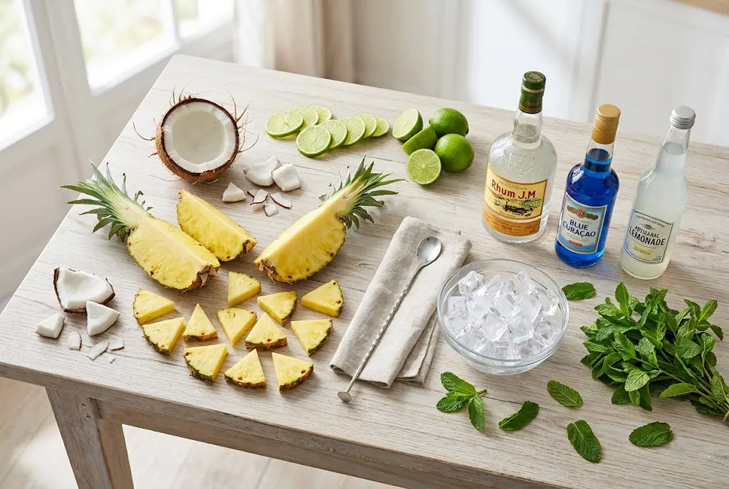 Ingrédients du cocktail lagon bleu disposés sur un plan de travail de cuisine avec ananas frais, noix de coco, citrons verts, rhum blanc, curaçao bleu, limonade, glaçons et menthe fraîche.