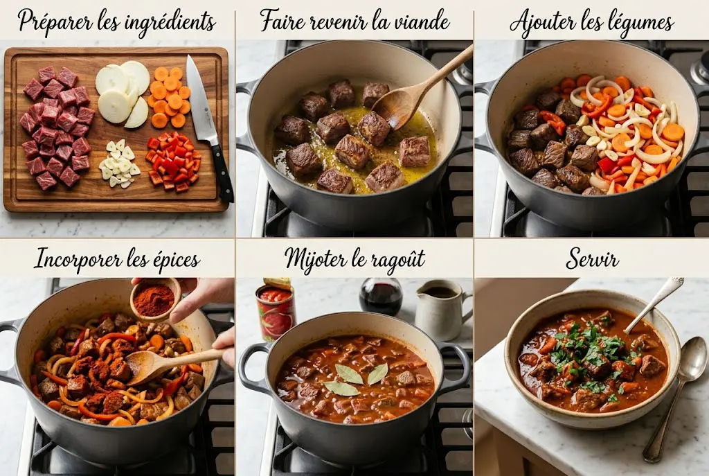 Montage illustrant les différentes étapes de préparation d’un ragoût de bœuf espagnol, de la découpe des ingrédients jusqu’au mijotage et au dressage final.