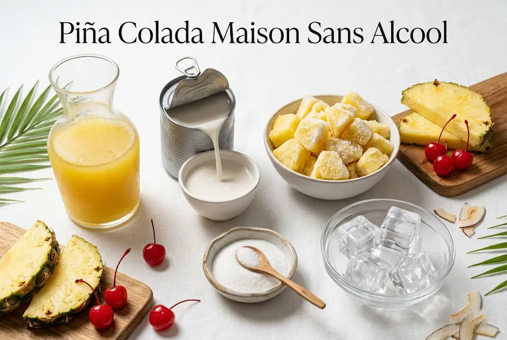 Ingrédients disposés pour préparer une Piña Colada maison sans alcool : jus d’ananas frais, lait de coco, ananas surgelé, sucre, glaçons, tranches d’ananas et cerises confites dans un style culinaire moderne.
