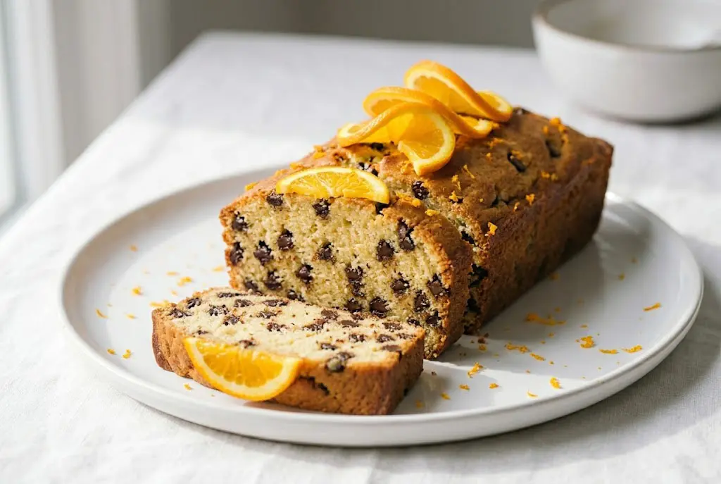 Cake à l’orange et pépites de chocolat moelleux Cake à l’orange et pépites de chocolat doré et moelleux présenté sur une assiette de service élégante.