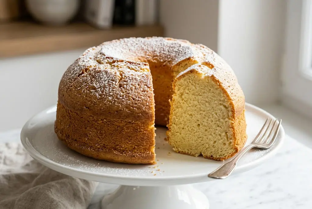 Gâteau Verre de Lait maison doré et léger présenté sur une assiette blanche avec une texture aérienne.