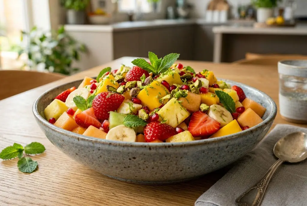 Salade de Fruits Frais à la Menthe servie dans un saladier en verre avec menthe et zestes de citron vert.