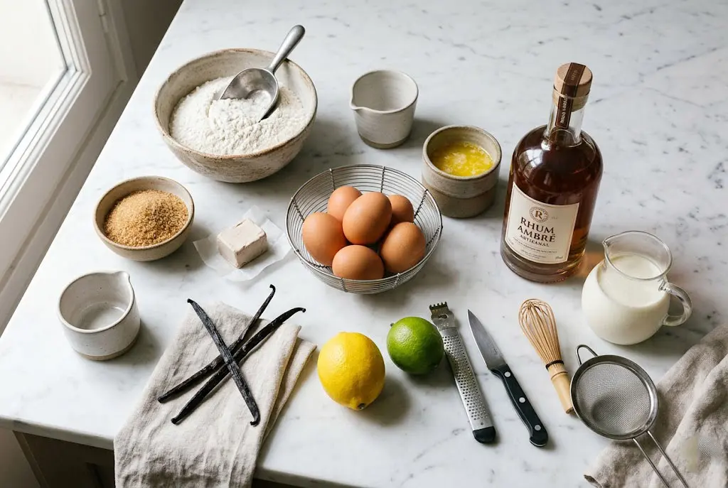 Ingrédients du baba au rhum traditionnel disposés sur une table en marbre avec farine, œufs, beurre, vanille, citron, rhum et crème fraîche.