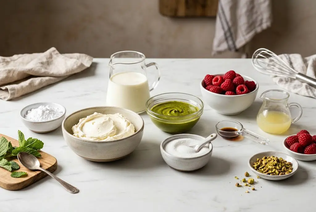 Tous les ingrédients disposés avec élégance sur un plan de travail en marbre clair : mascarpone, crème liquide, pâte de pistache, sucre glace, extrait de vanille, framboises fraîches, sucre, jus de citron, pistaches concassées et feuilles de menthe.