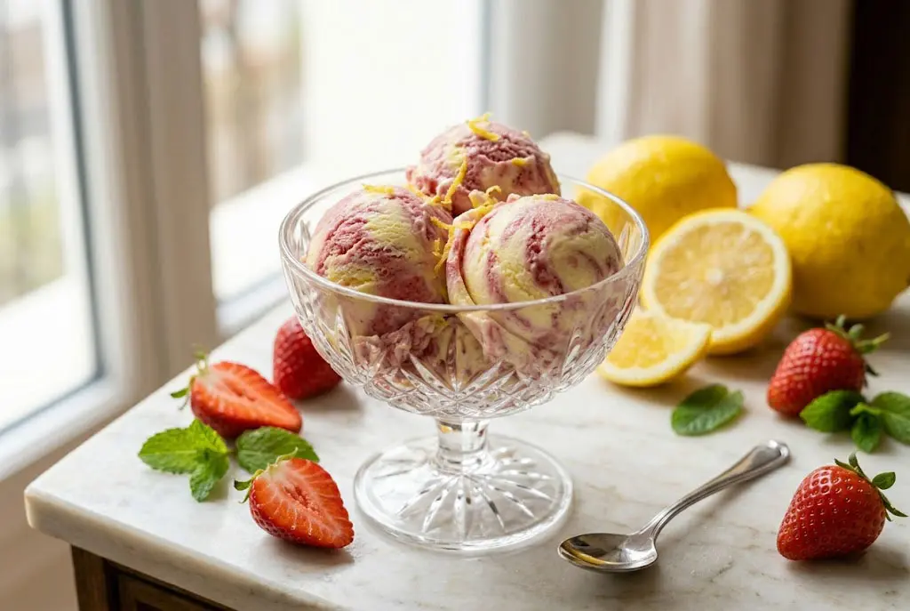Boules de crème glacée citron fraise marbrée servies dans un bol en céramique, avec coulis de fraises, fruits frais et texture crémeuse artisanale.