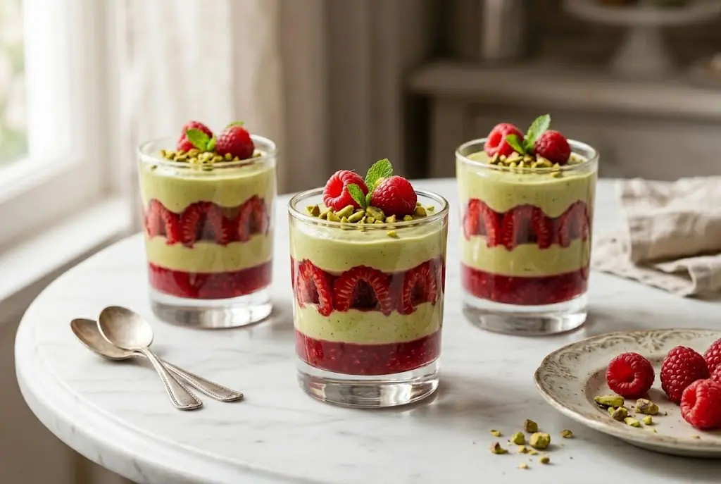 Verrines transparentes " Mousse Pistache Framboise" garnies de mousse pistache onctueuse et de compotée de framboises, décorées de framboises fraîches, de pistaches concassées et de feuilles de menthe, avec des demi-framboises visibles contre les parois.