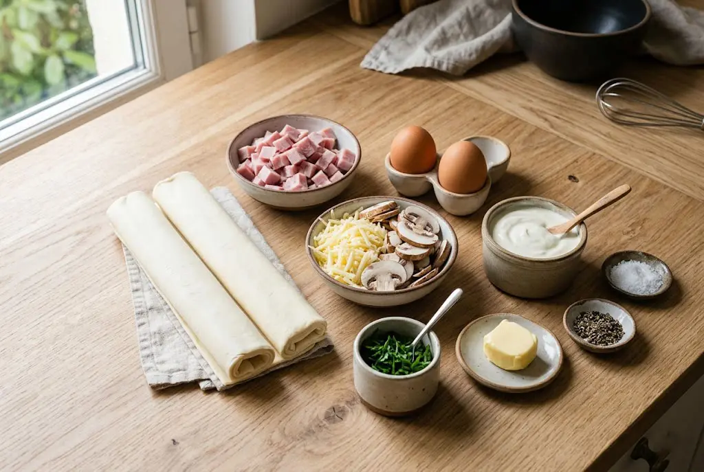 Ingrédients du feuilleté crémeux au jambon, fromage et champignons disposés sur un plan de travail de cuisine moderne.