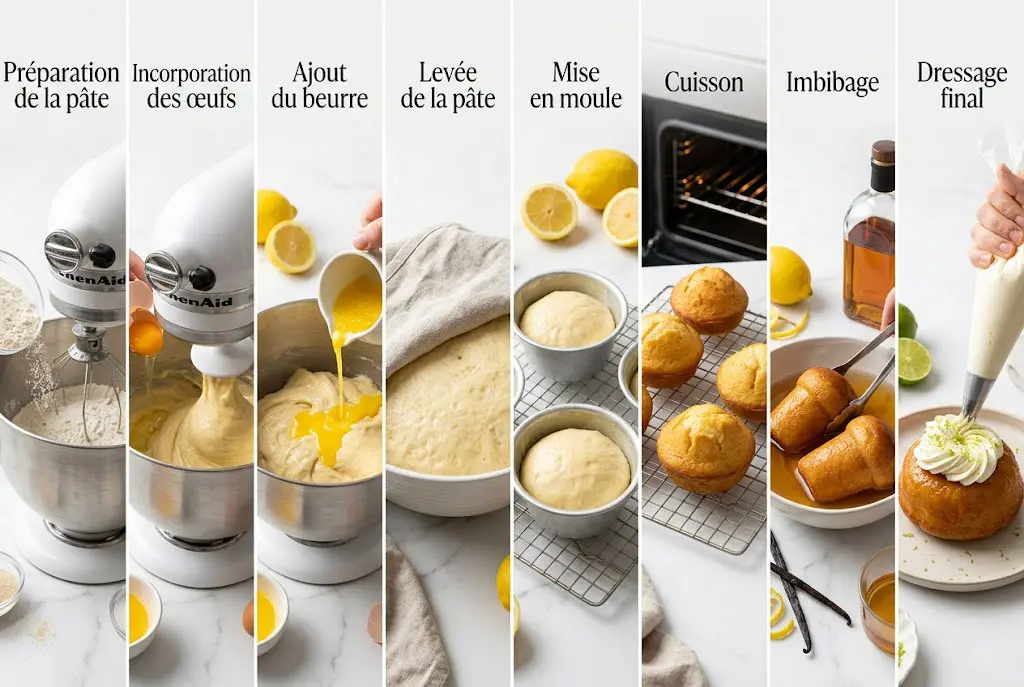 Infographie illustrant les différentes étapes de préparation du baba au rhum, du pétrissage de la pâte jusqu’au dressage final.