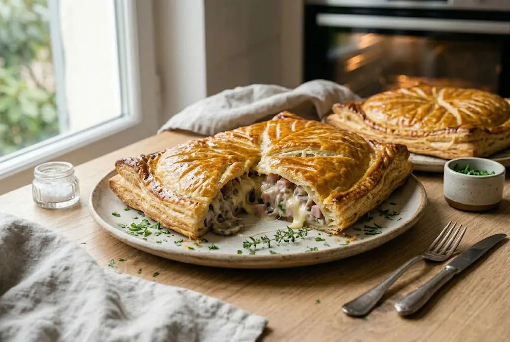 Feuilleté doré au jambon, fromage et champignons servi chaud avec une garniture crémeuse visible à la découpe.