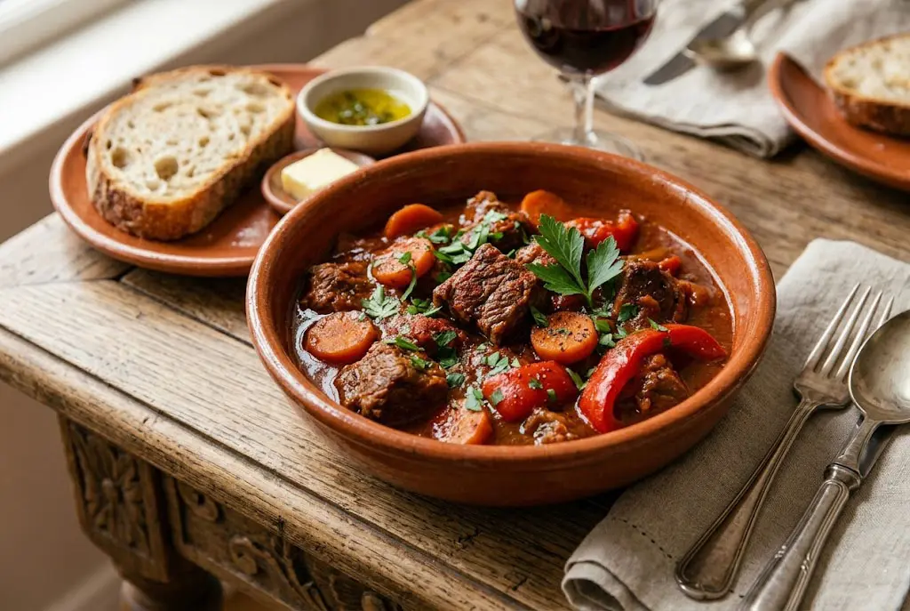 Ragoût de bœuf espagnol servi dans un bol rustique avec morceaux de viande fondants, légumes mijotés, sauce tomate au vin rouge et persil frais.