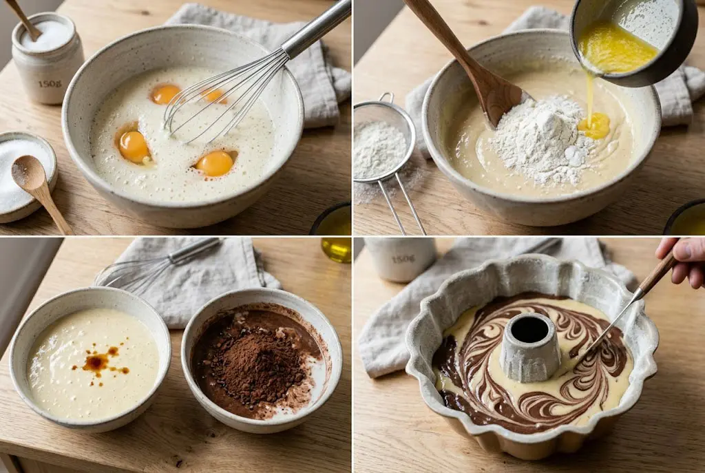 Montage étape par étape de la préparation de la pâte vanille et chocolat pour un gâteau marbré.