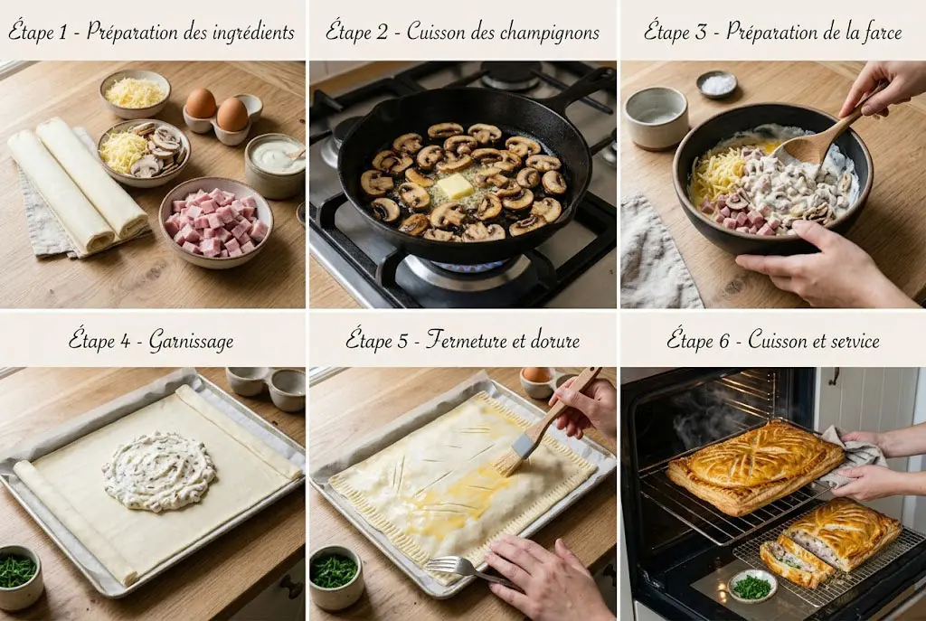 Montage étape par étape du feuilleté au jambon, fromage et champignons avant cuisson au four.