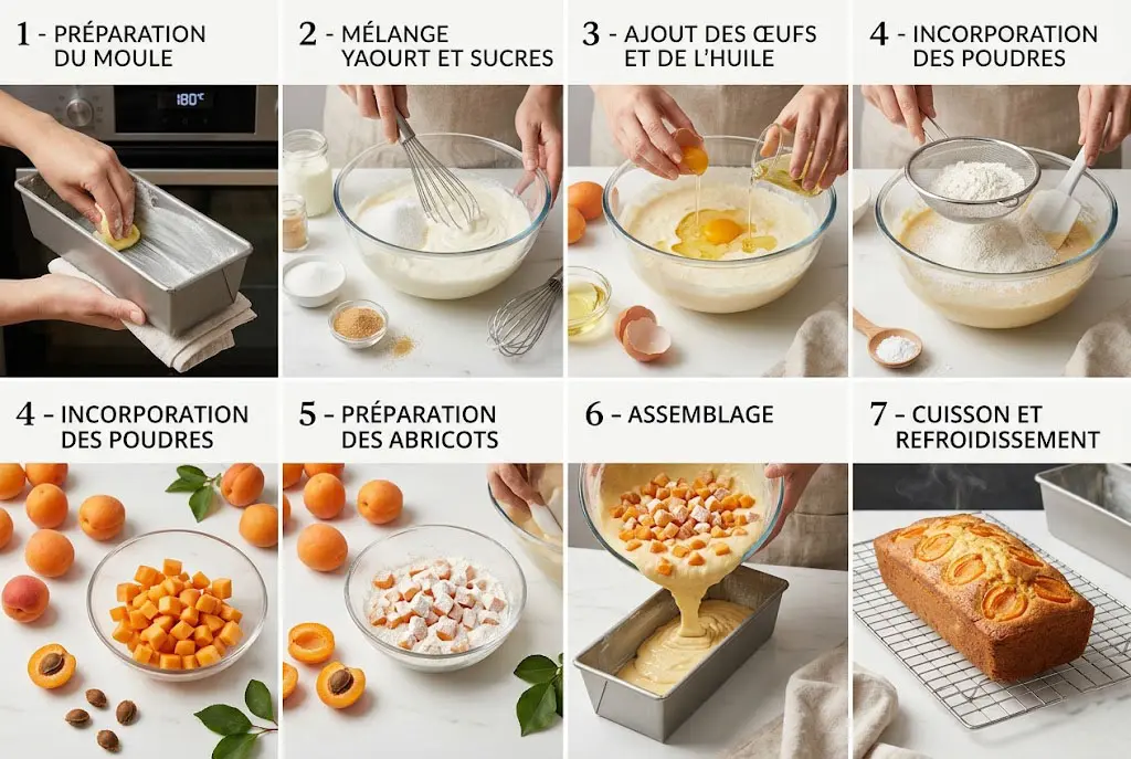 Infographie culinaire montrant les 7 étapes de préparation d’un cake au yaourt aux abricots, du mélange des ingrédients jusqu’à la cuisson et au refroidissement du gâteau.