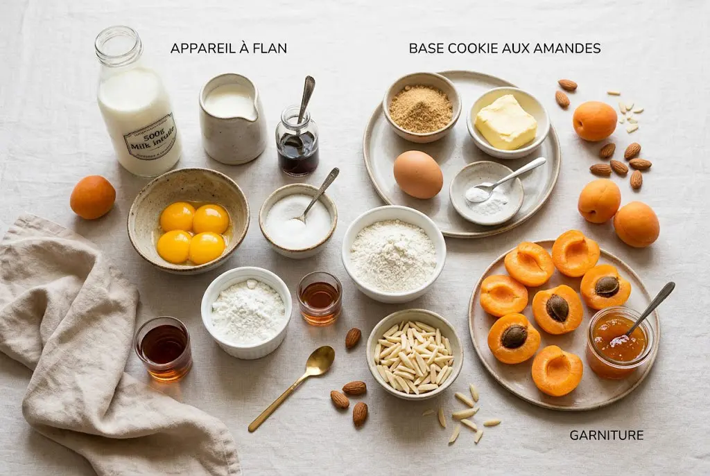 Tarte Flan Abricots & Amandes Tous les ingrédients disposés sur fond clair pour une tarte flan aux abricots : lait, crème, jaunes d’œufs, sucre, Maïzena, rhum brun, beurre, farine, amandes et abricots frais en style culinaire réaliste.
