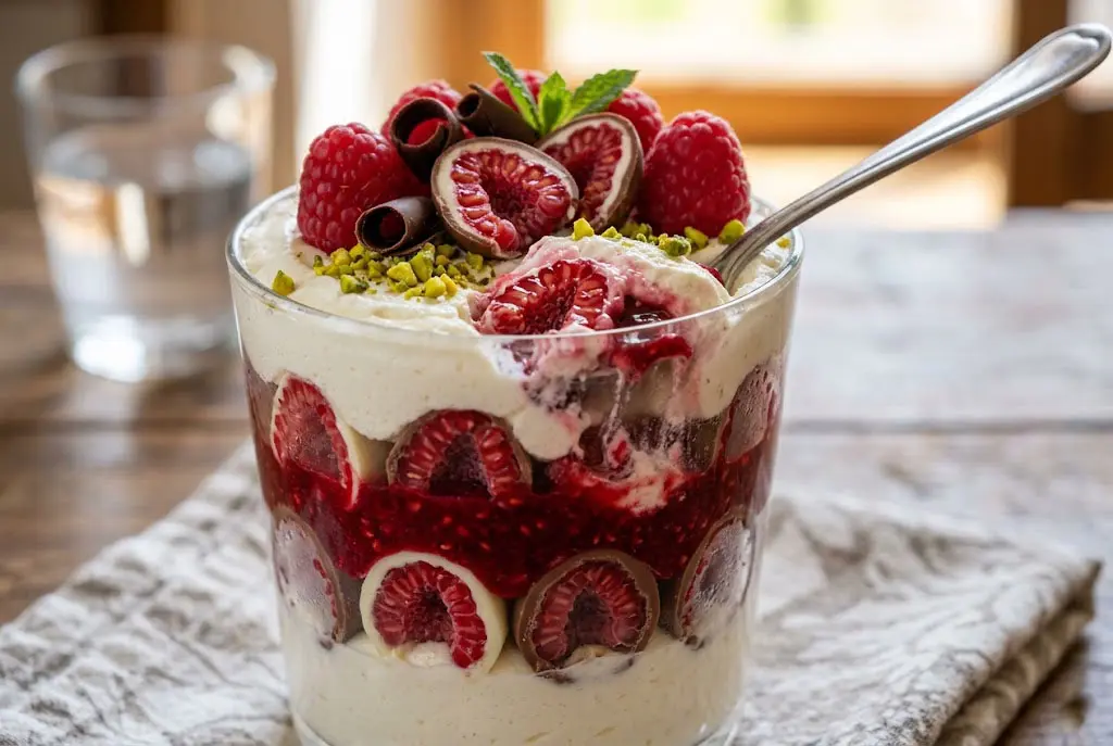 Mousse Mascarpone Framboise Onctueuse en Verrines Verrines gourmandes de mousse mascarpone à la framboise décorées de framboises fraîches et copeaux de chocolat.