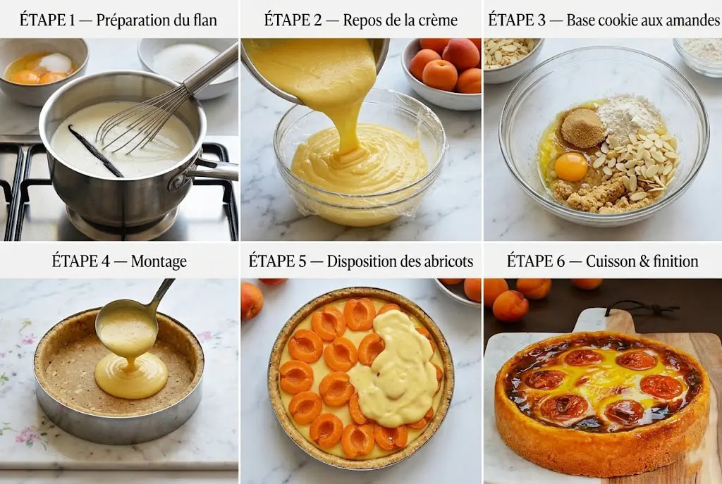 Montage visuel étape par étape montrant la préparation du flan, le repos de la crème, la base cookie aux amandes, le montage, la disposition des abricots et la cuisson.