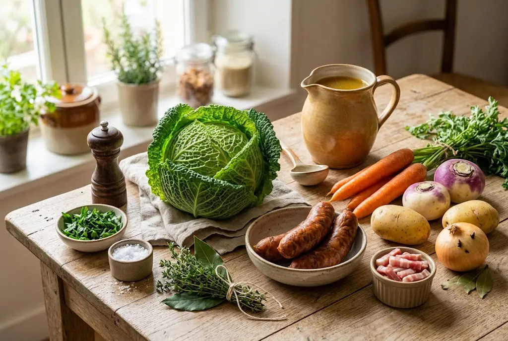 Potée aux Saucisses et Chou Traditionnelle Ingrédients frais pour préparer une potée traditionnelle aux saucisses fumées, chou vert, pommes de terre, carottes, navets, lardons et bouquet garni.