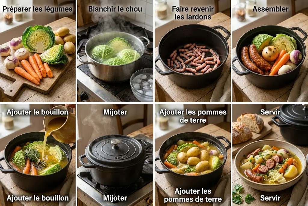 Étapes illustrées montrant la préparation de la potée aux saucisses et chou, du blanchiment du chou jusqu'au dressage final.