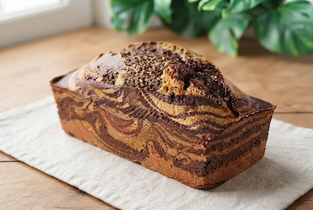 Le cake marbré chocolat vanille final, cuit et doré, reposant sur une serviette en lin blanc sur une table en bois, avec un couteau à pain prêt pour la découpe.