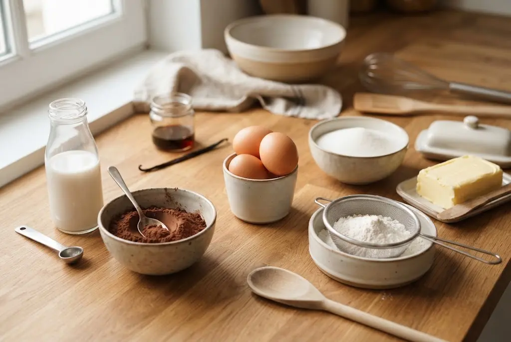 Gros plan sur les ingrédients du cake marbré (œufs, farine, sucre, beurre) dans un saladier en verre sur une table en bois.