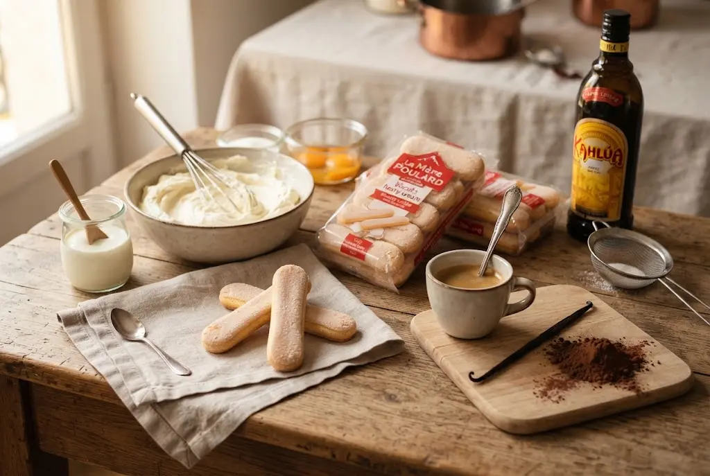 Ingrédients frais disposés sur une table en bois pour la préparation d'une charlotte façon tiramisu.