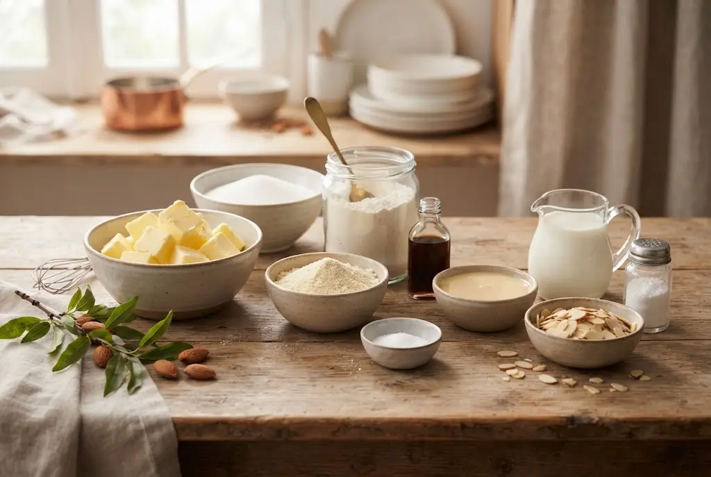 Gros plan photoréaliste des ingrédients secs et humides pour des carrés crumble aux amandes sur une table en bois. On distingue des bols de beurre, sucre, farine, poudre d'amande, lait concentré et amandes, avec une branche d'amandier.