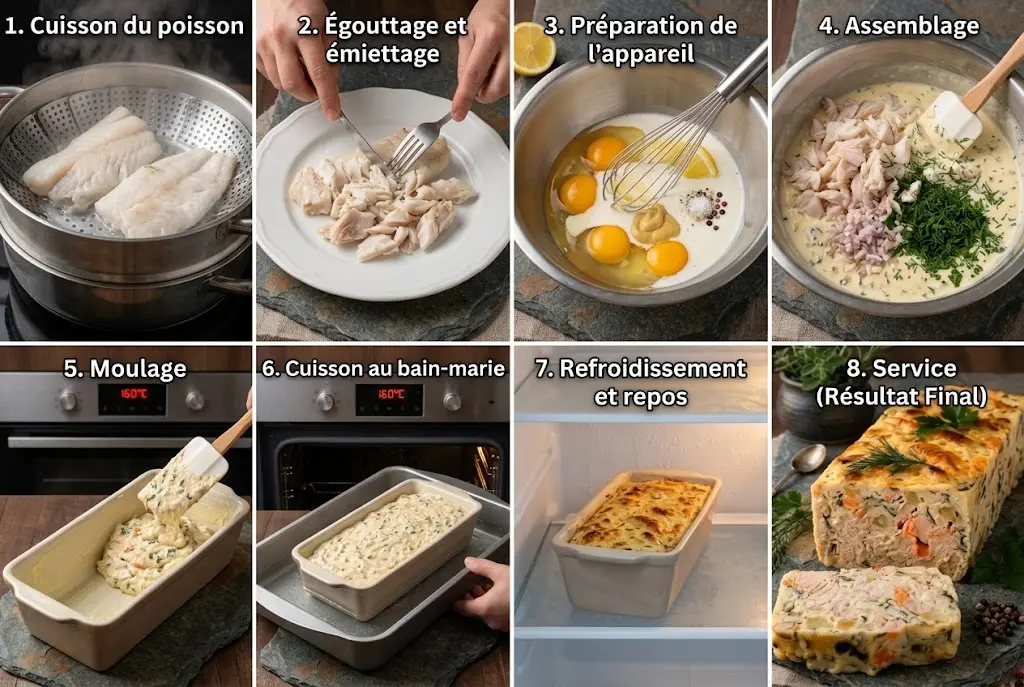 Grille étape par étape illustrant la préparation et la cuisson au bain-marie d'une terrine de poisson froide maison.