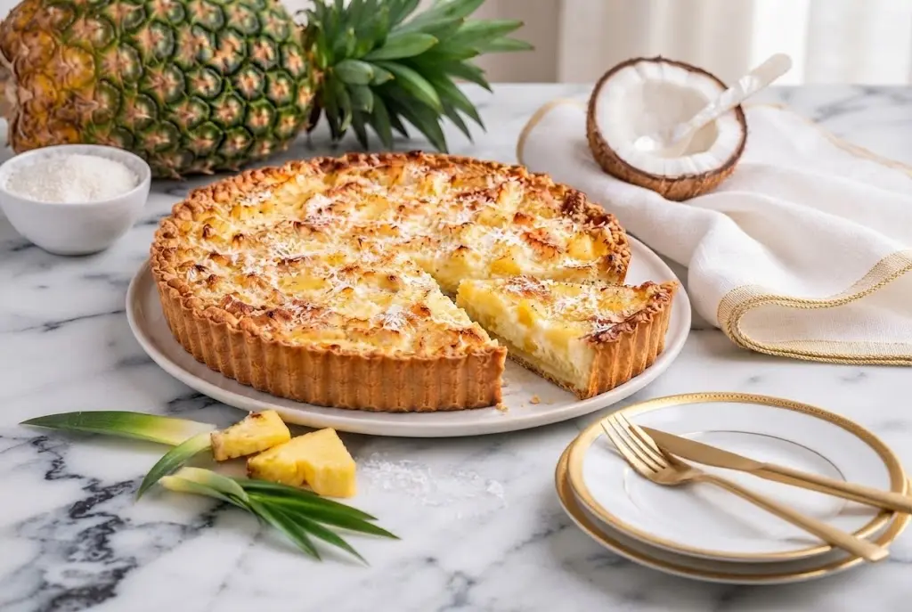 Tarte ananas dorée et croustillante sur une assiette blanche, avec une part coupée, sur une table en marbre avec un ananas entier et de la noix de coco.