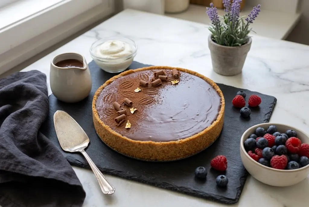Présentation finale de la tarte sans cuisson aux 3 chocolats décorée de copeaux et de cacao sur une ardoise