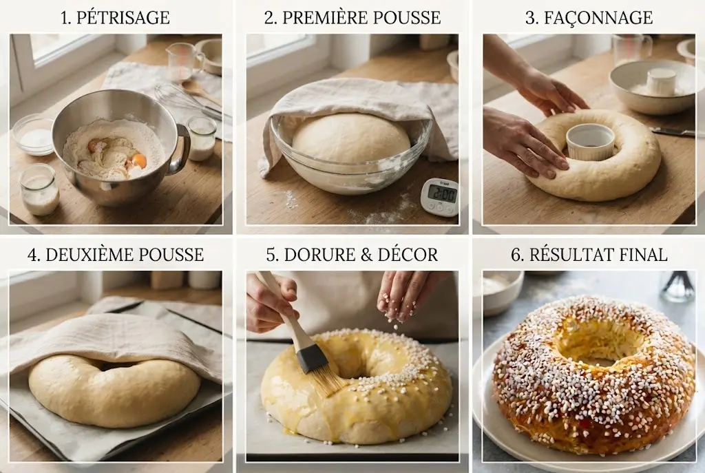 Façonnage de la brioche des rois en forme de couronne avec les mains et un ramequin central.