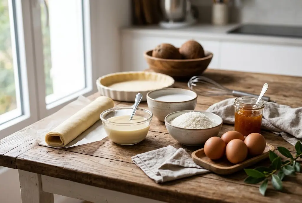 Ingrédients pour la préparation de la tarte coco avec lait concentré, œufs, lait de coco et pâte brisée sur table en bois