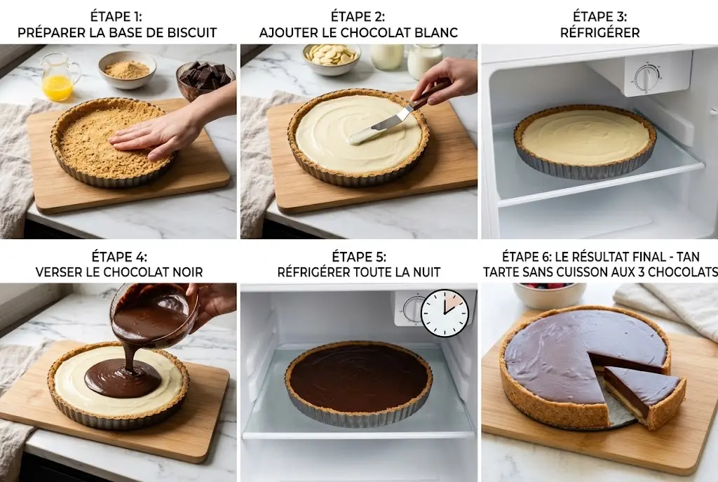 Infographie étape par étape décrivant la préparation de la tarte sans cuisson aux 3 chocolats
